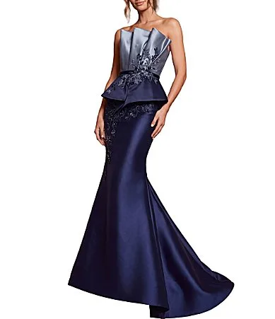Mikado Peplum Fluted Beaded Top Two Tone Mermaid Gown
