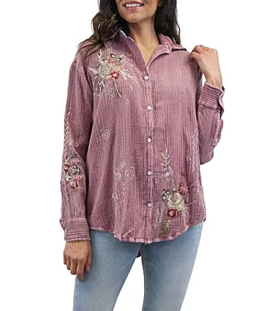 Woven Double Gauze Geometric and Floral Embroidery Spread Collar Long Sleeve Shirt by Karyn Seo