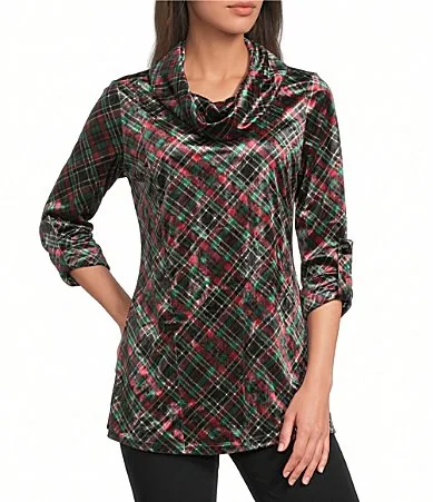 Knit Plaid Cowl Neck 3/4 Roll-Tab Sleeve Tunic by Calessa