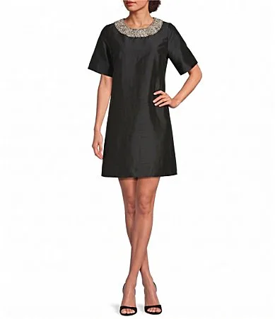 Tabby Embellished Scoop Neck Short Sleeve Shift Dress by Frances Valentine