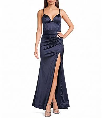 V-Neck Corseted Flared-Hem Front Slit Long Dress by Honey and Rosie