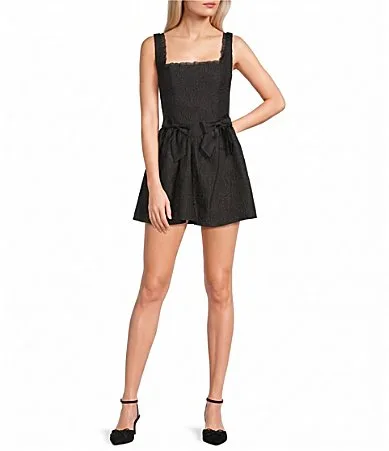 Square Neck Sleeveless Bow-Accented Brocade Dress by Dear Moon