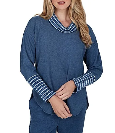 Luxe Ribbed Knit Combo Fair Isle Trim Cowl Neck Long Sleeve Sweater by Ruby Rd