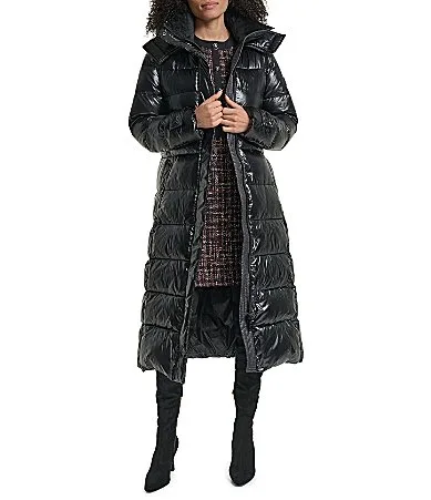 Glossy Quilt Stand Collar Hybrid Down Belted Maxi Puffer Coat