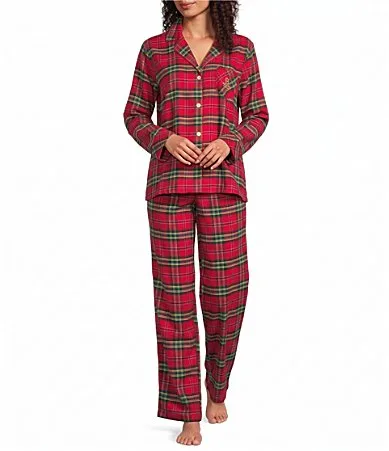 Lauren Ralph Lauren Red Plaid Print Brushed Twill Flannel Long Sleeve Notch Collar Woven Pajama Set