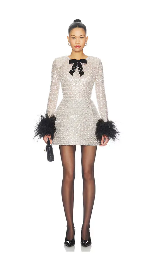 Long Sleeve Embellished Mini Dress with Feather Cuffs by Bronx Banco