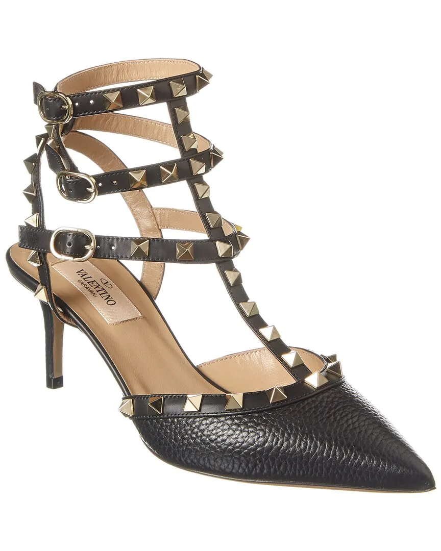 Rockstud Caged 65 Grainy Leather Ankle Strap Pump