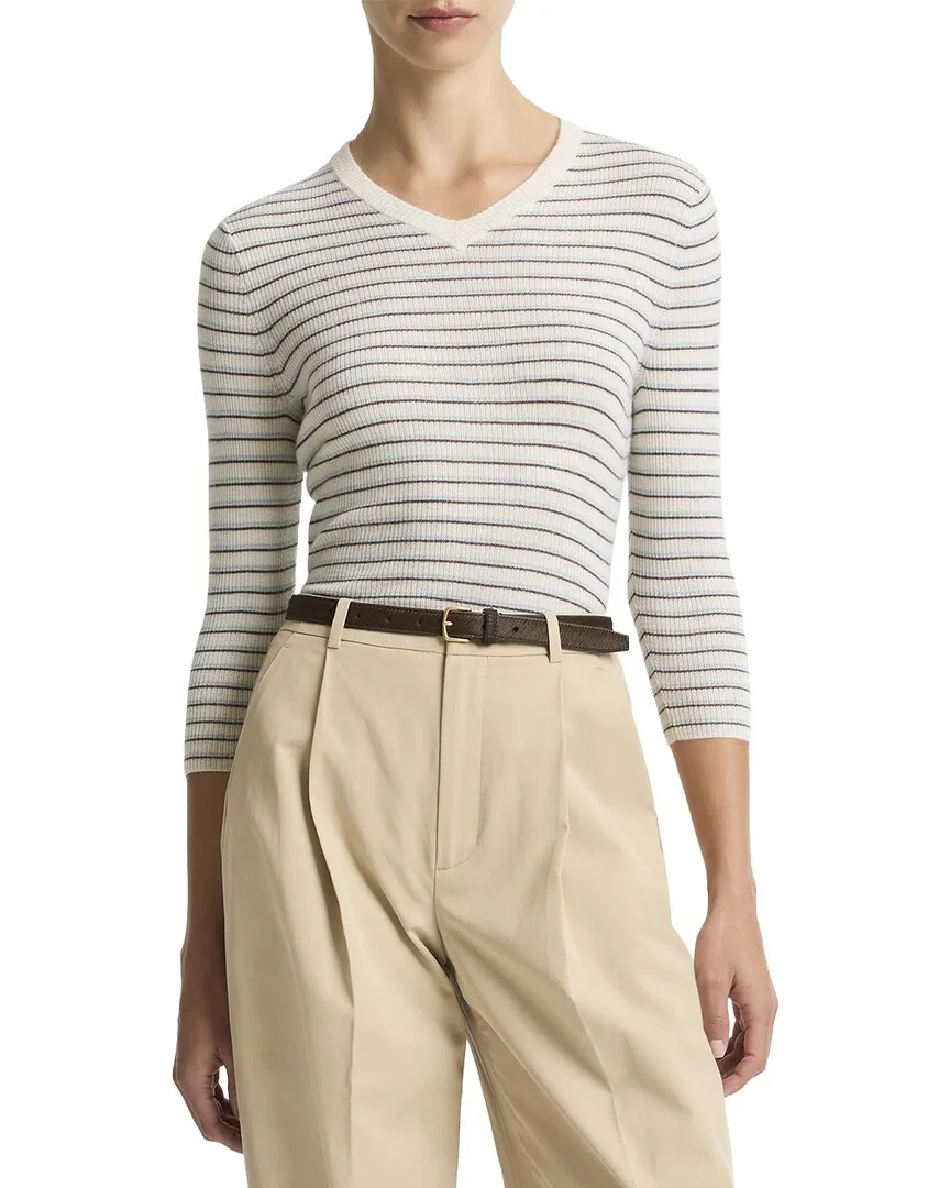 Striped High V-Neck Cashmere & Silk-Blend Sweater by Vince