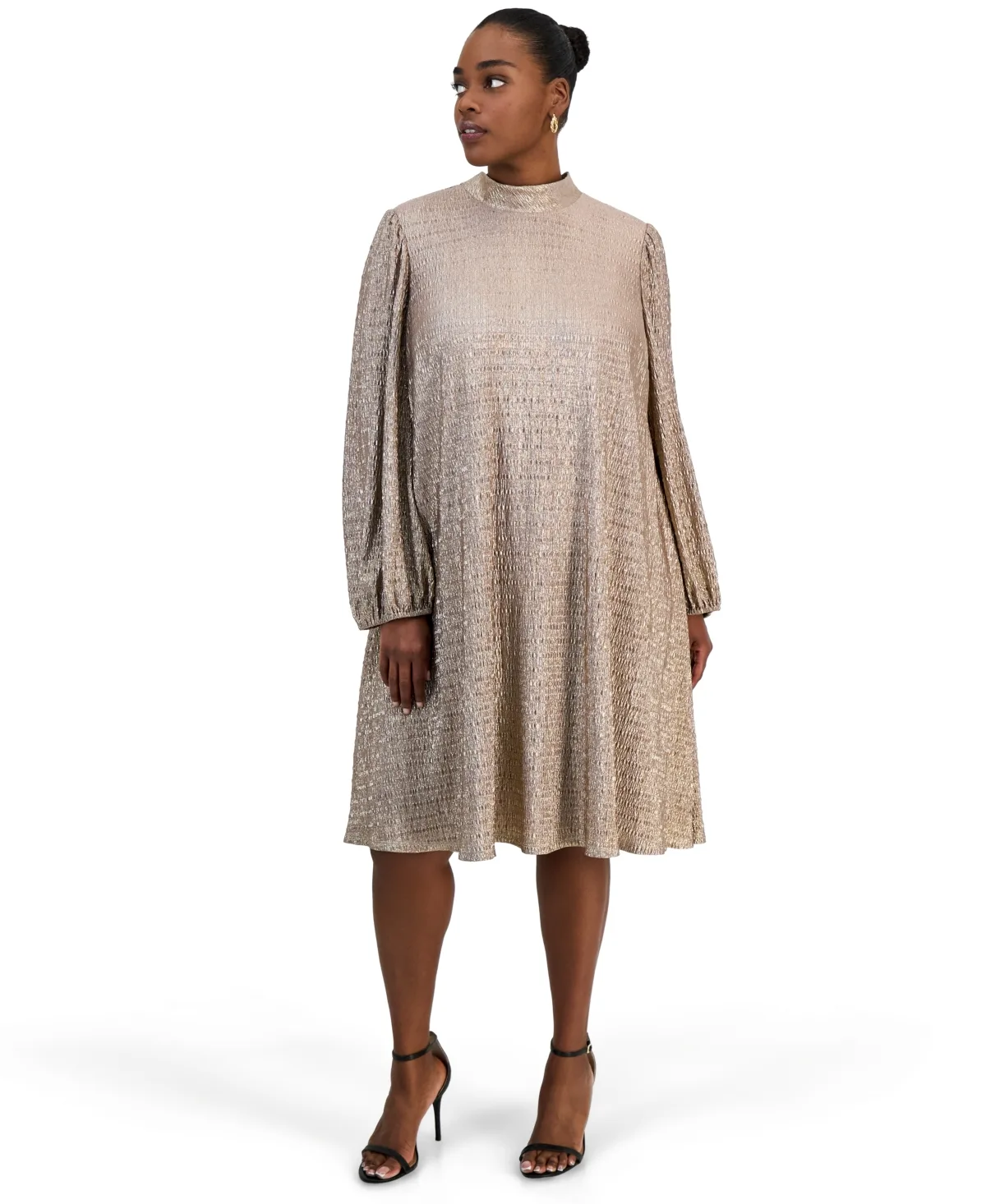 Tie Glitter Knit Shift Mock-Neck Long-Sleeve Dress by Robbie Bee