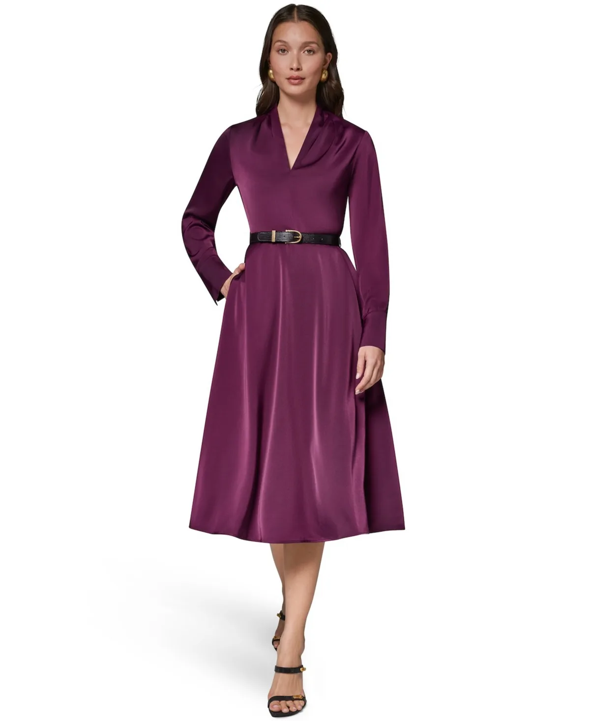 Long-Sleeve Satin Belted Midi Dress by Donna Karan New York