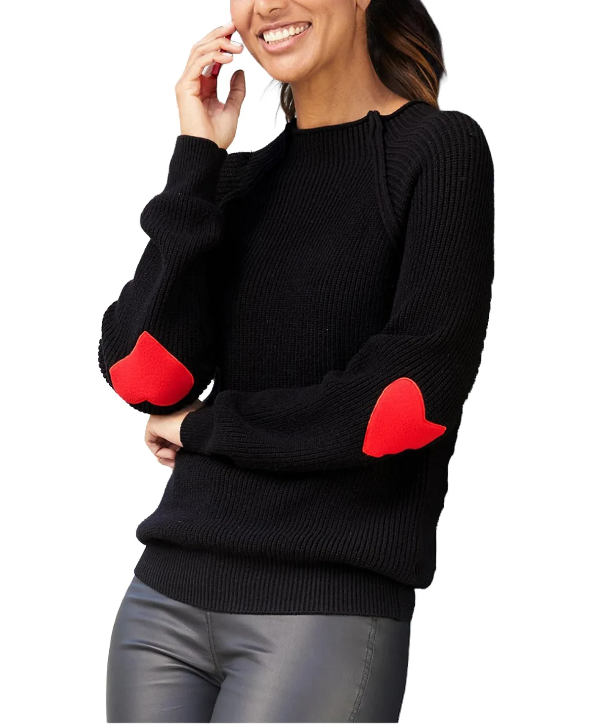 High-Neck Heart-Shaped Elbow Patch Ribbed-Knit Sweater by Lascana