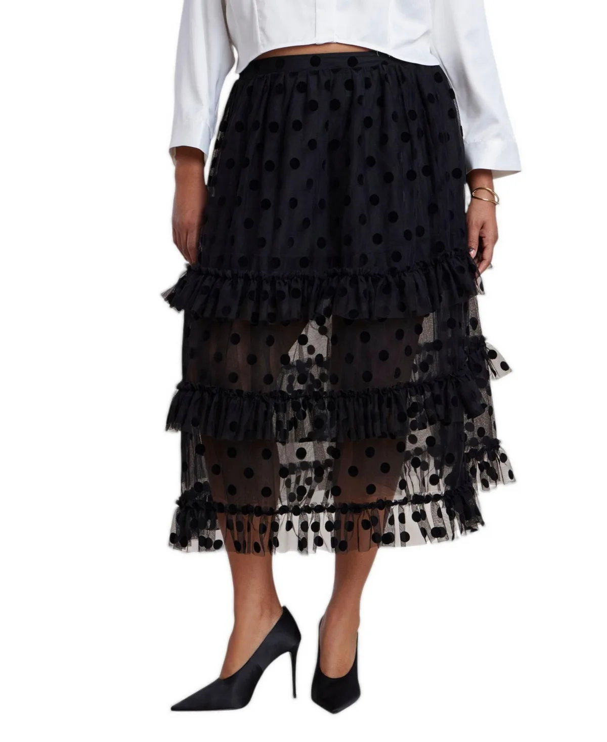 Polka-Dot Tiered-Ruffle Midi Skirt by Eloquii