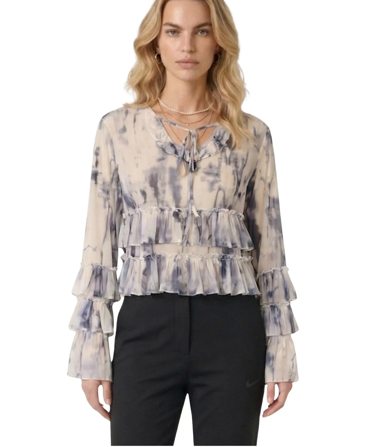 Ruffle Tie-Neck Tiered Bell-Sleeve Blouse by Modenaire