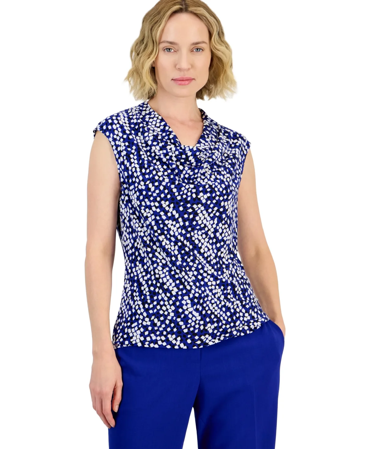 Cowl-Neck Sleeveless Print Blouse