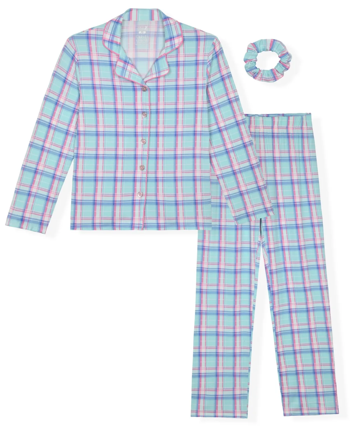 Plaid Coat Long-Sleeve Button-Down Pajama Top and Pants, 3-Piece Set by Max & Olivia