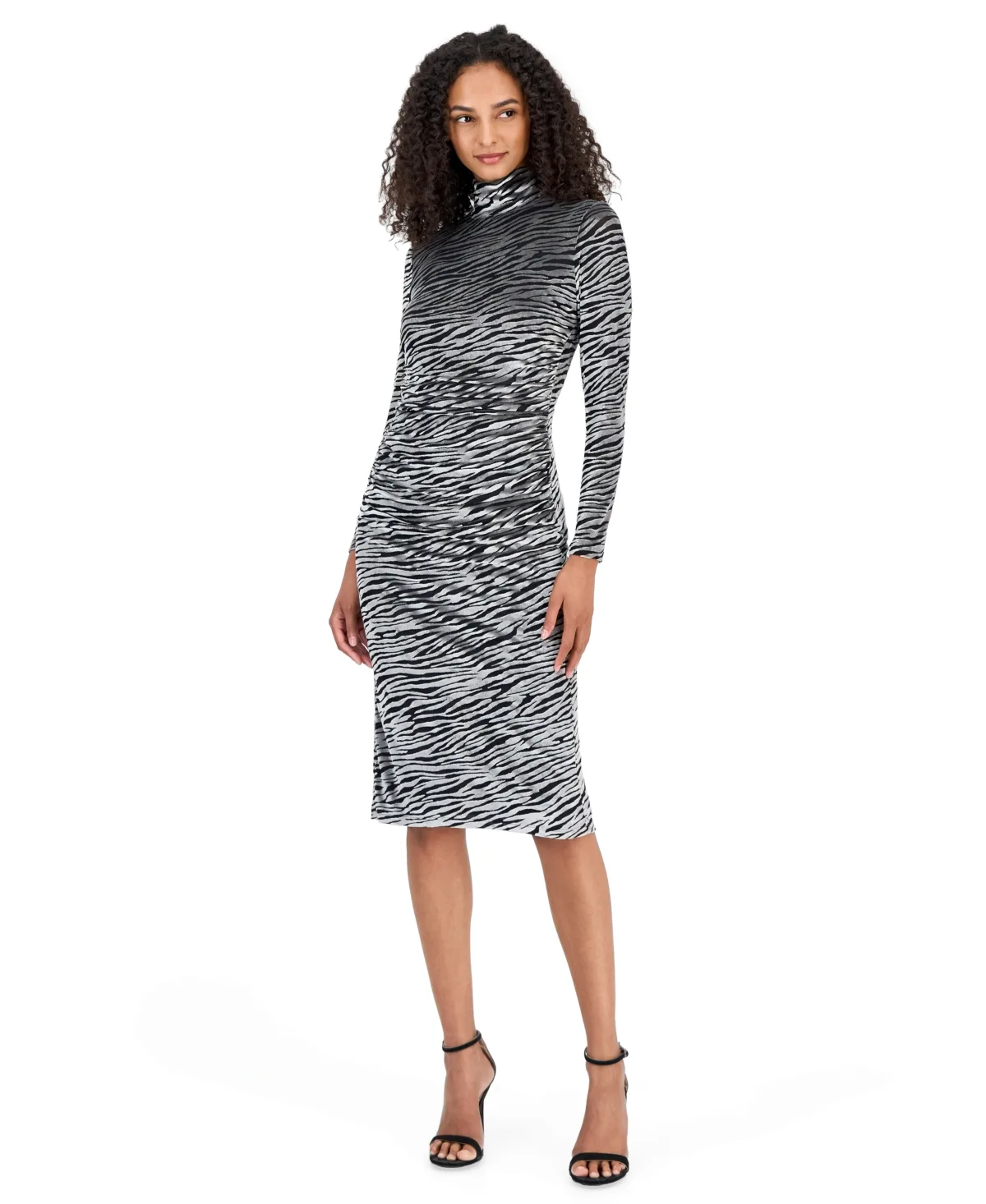 Animal Print Ruched Velvet Mock Neck Midi Dress by Anne Klein