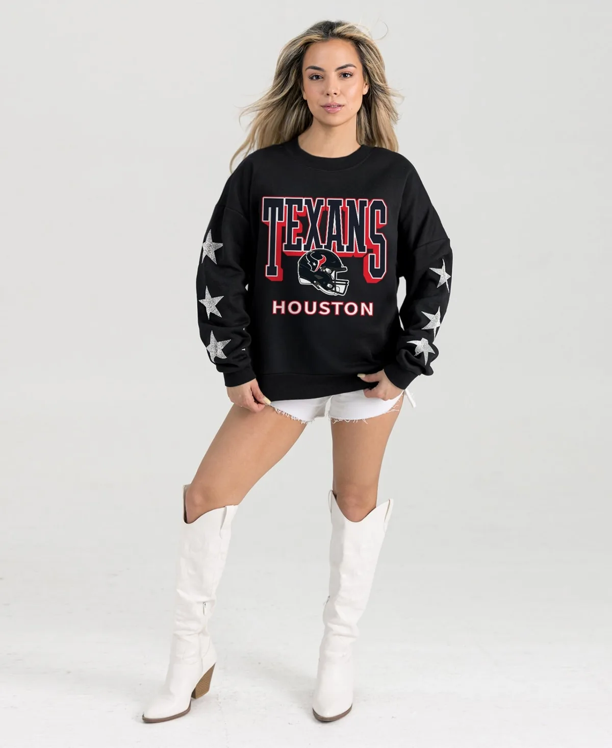 Houston Texans Pure Victory Rhinestud Star-Sleeve Pullover Sweatshirt