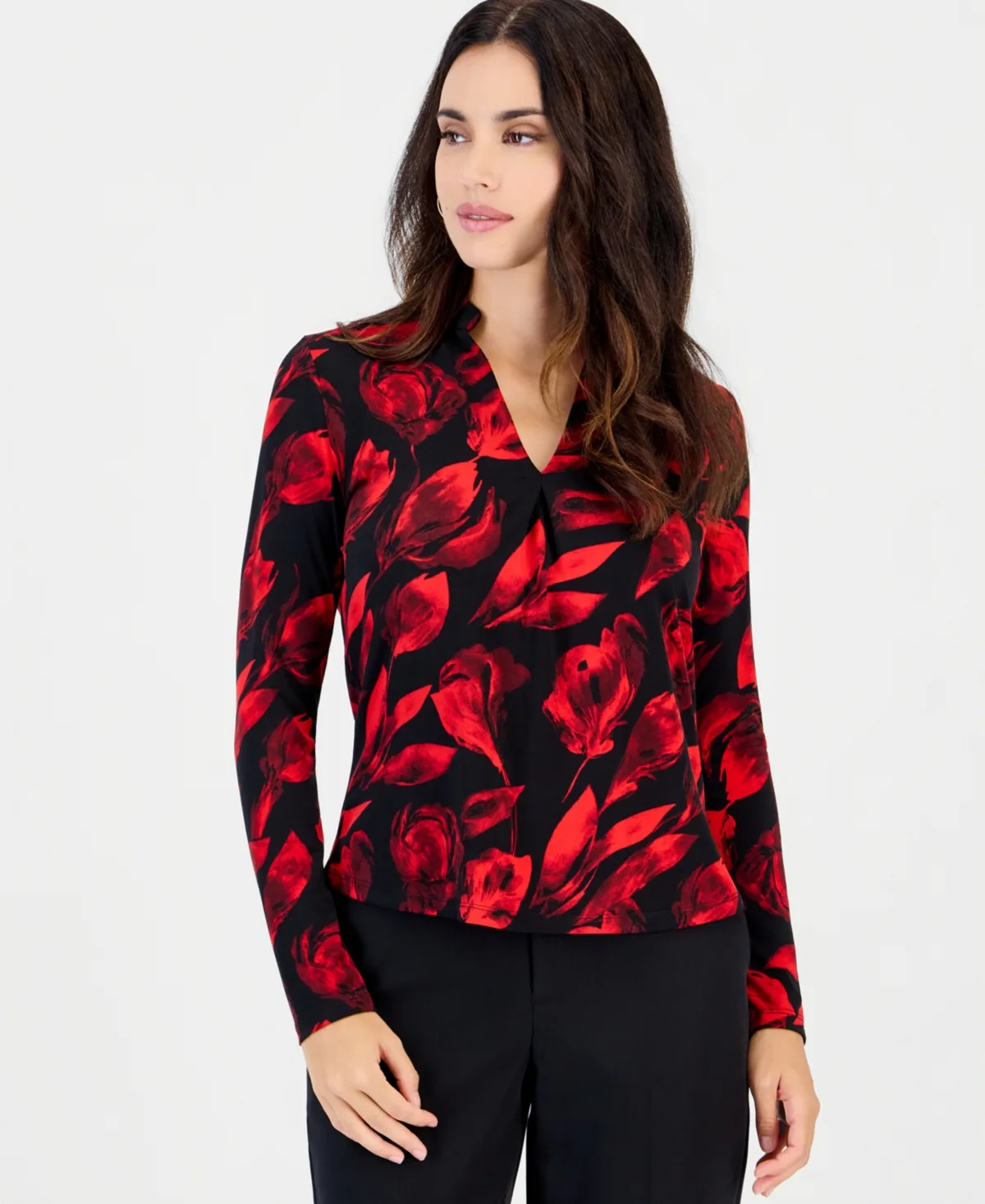 Long-Sleeve Standing-Collar Floral-Print Blouse