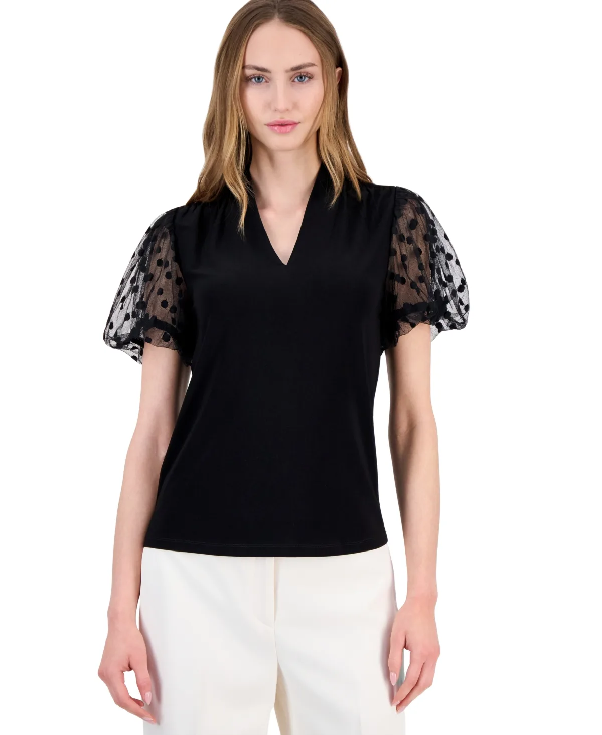 V-Neck Bubble Sleeve Short-Sleeve Blouse