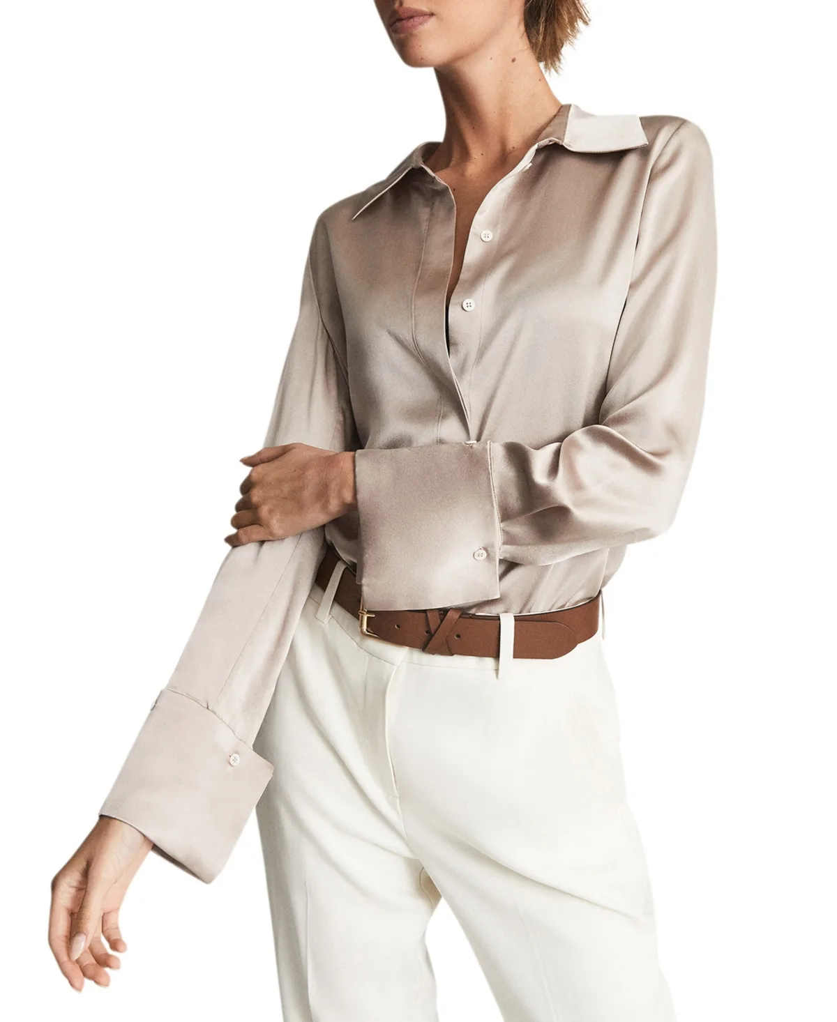 Hailey Long-Sleeve Collared Satin Blouse by Reiss