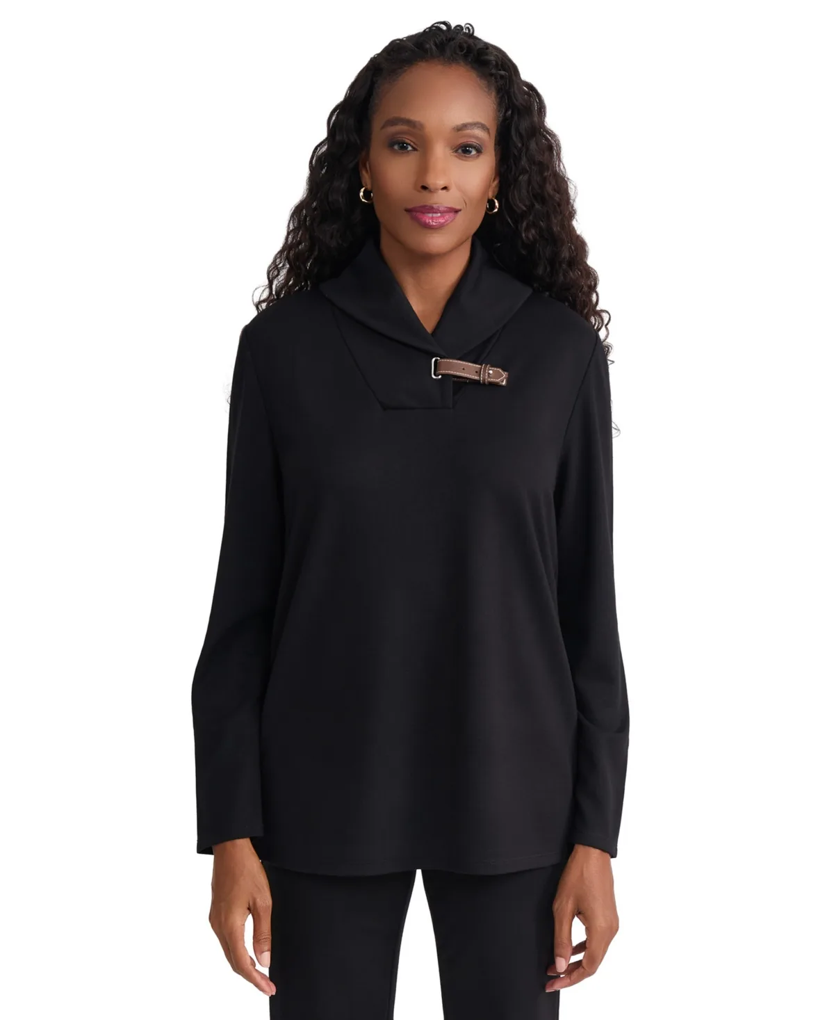 Cross Mock Neck Buckle Trim Long-Sleeve Top by Jones New York
