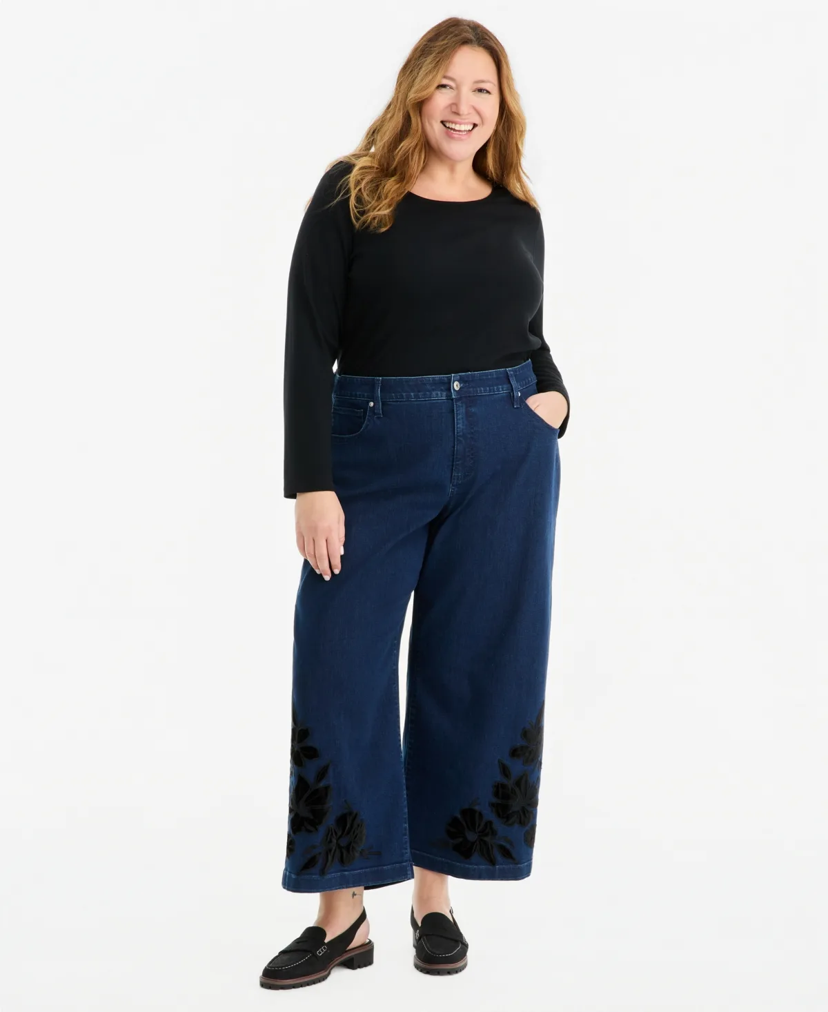 Velvet Applique High-Rise Wide-Leg Jeans