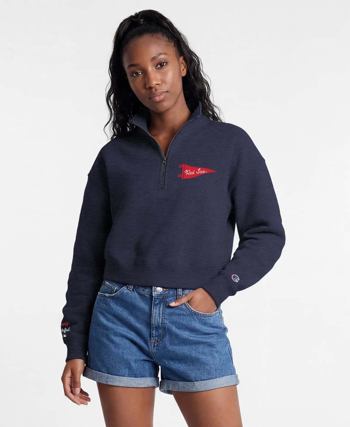 Boston Red Sox Triumph Tri-Blend Fleece Cropped Quarter-Zip Pullover by Champion