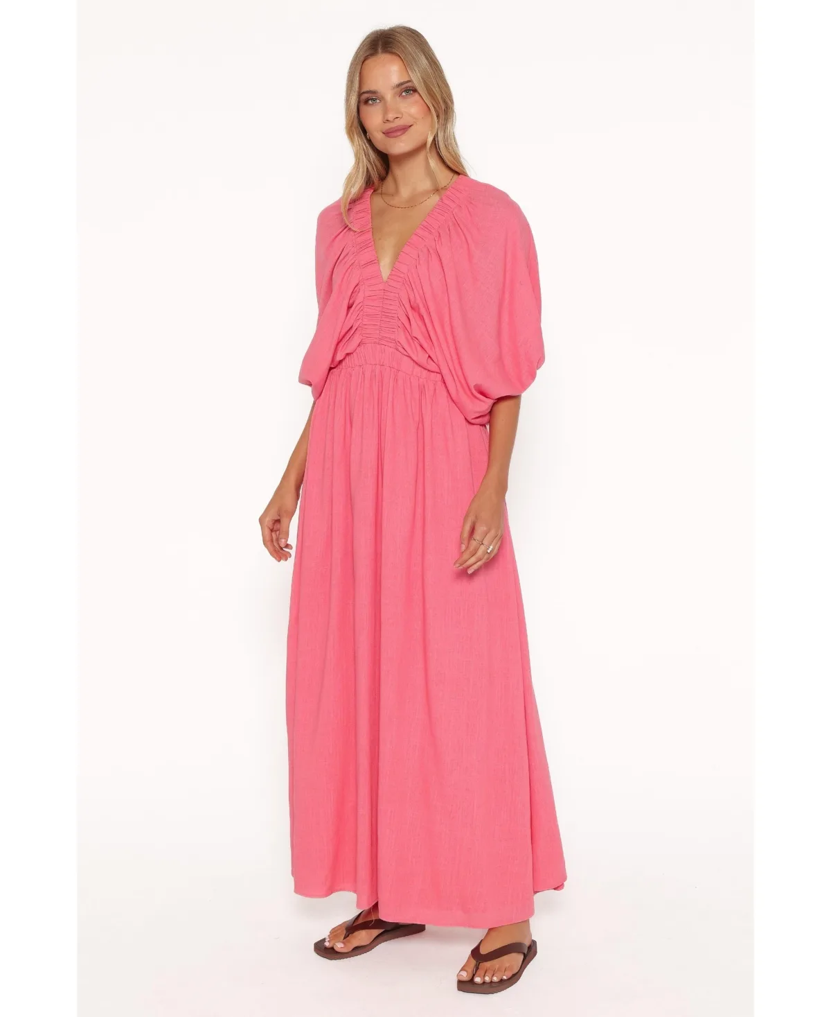 Gianna V-Neck Puff-Sleeve A-Line Maxi Dress by Petal and Pup