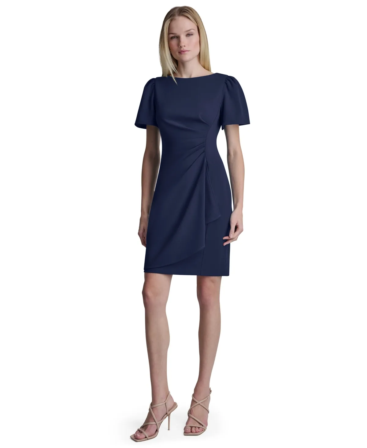 Flutter Ruched B Short-Sleeve Jewel Neck Dress