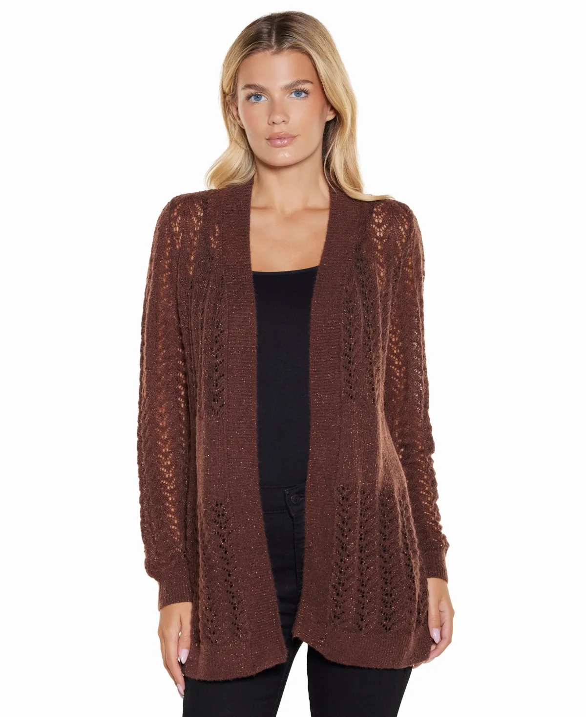 Metallic Pointelle Long-Sleeve Cardigan by Belldini