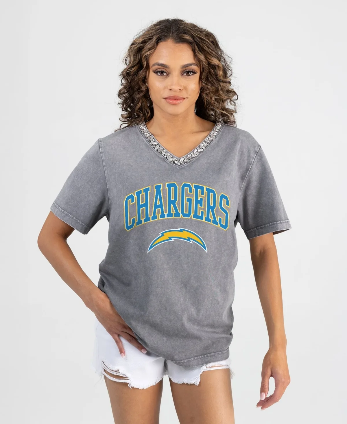 Los Angeles Chargers Relaxed Iconic Edge Rhinestone V-Neck T-Shirt by Gameday Couture