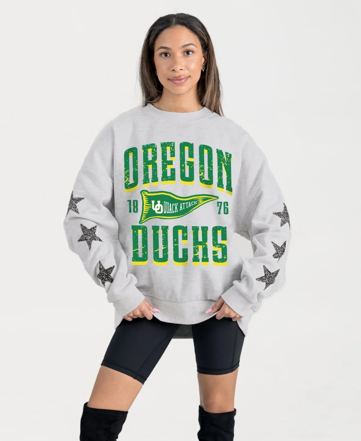 Oregon Ducks Oversized Pennant Pride Rhinestone Star Sleeve Sweatshirt by Gameday Couture