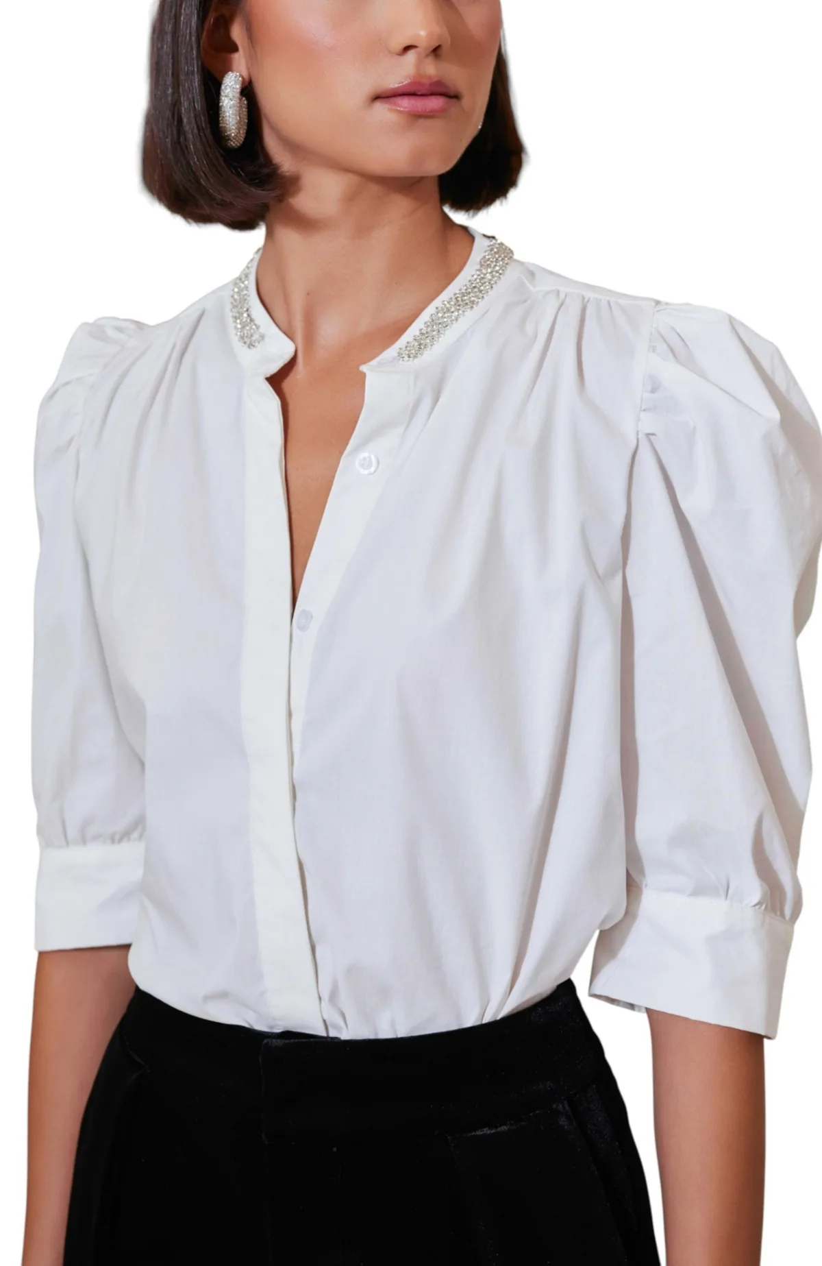Cate Button-Front Embellished Ruched Sleeve Blouse by Bishop  Young