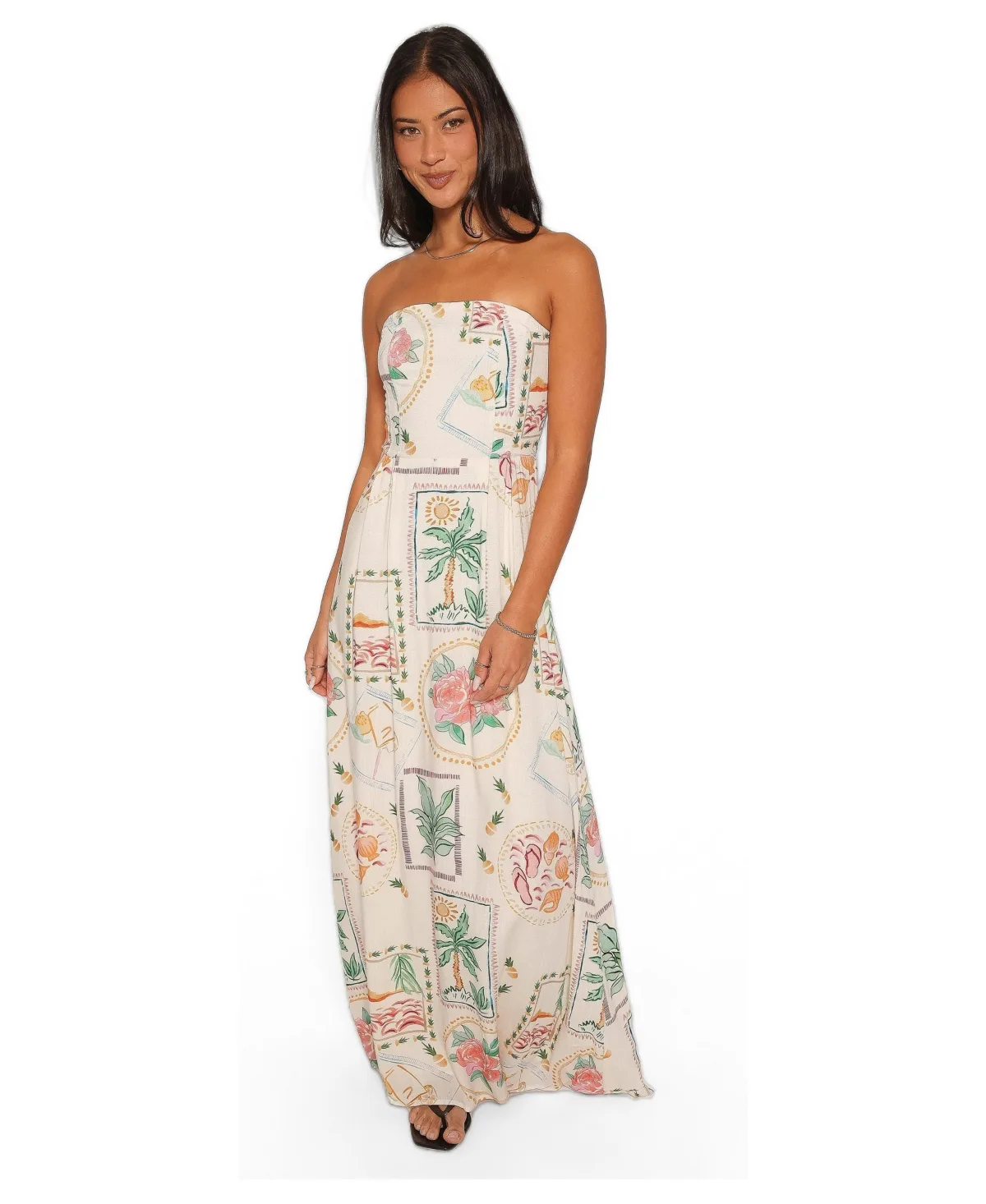 Lindon Strapless Palm-Print Maxi Dress