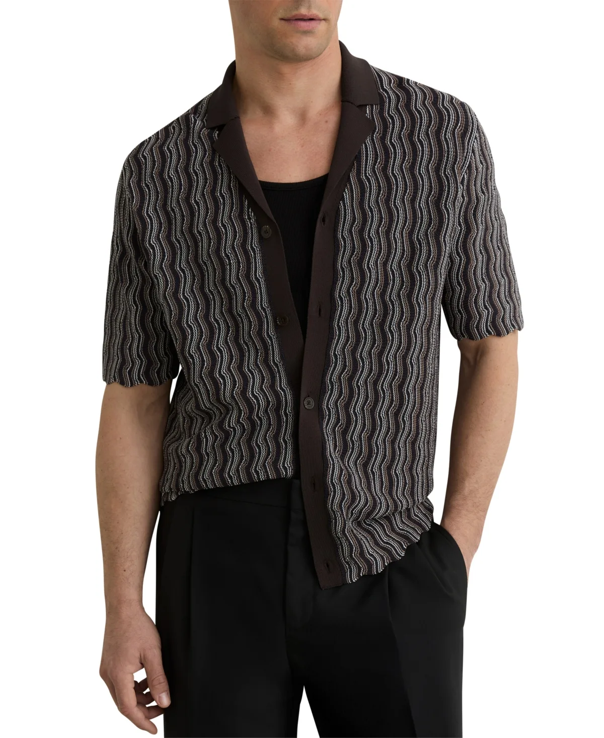 Drake Button Through Wavy Stripe Cuban Shirt by Reiss