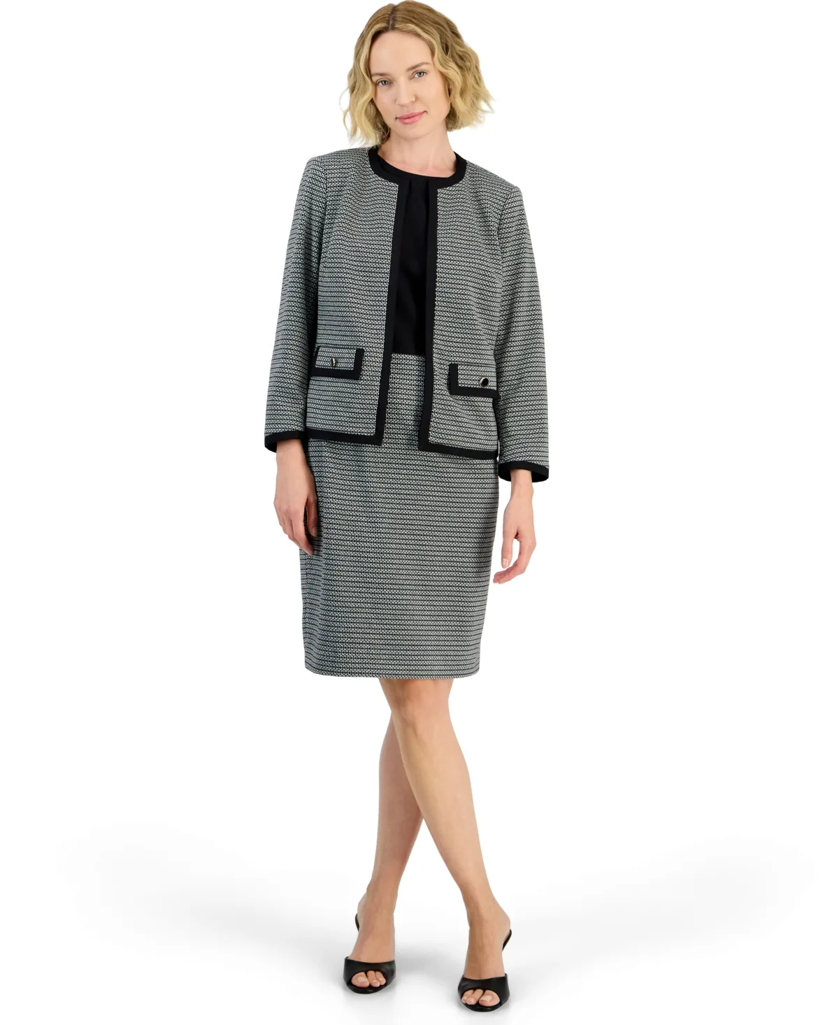 Collarless Knit Jacquard Cardigan by Kasper