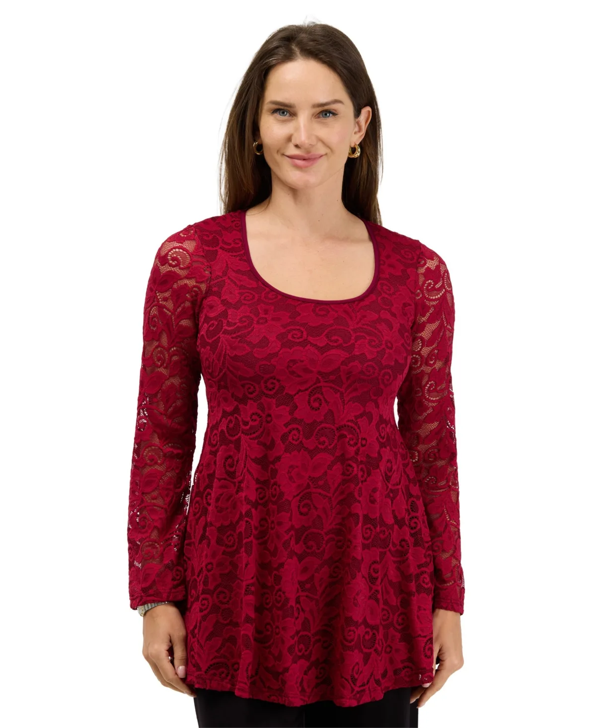 Scoop-Neck Long-Sleeve Floral Lace Tunic