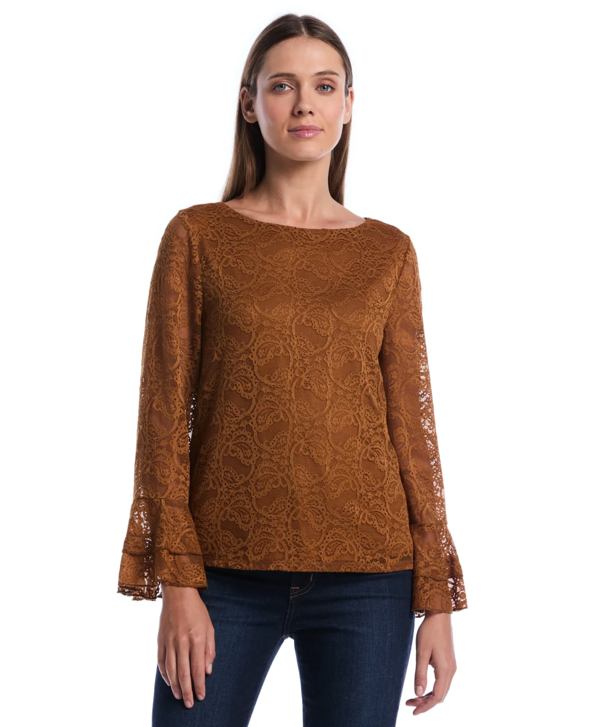 Boat Neck Lace Long-Ruffle-Sleeve Blouse by Rafaella