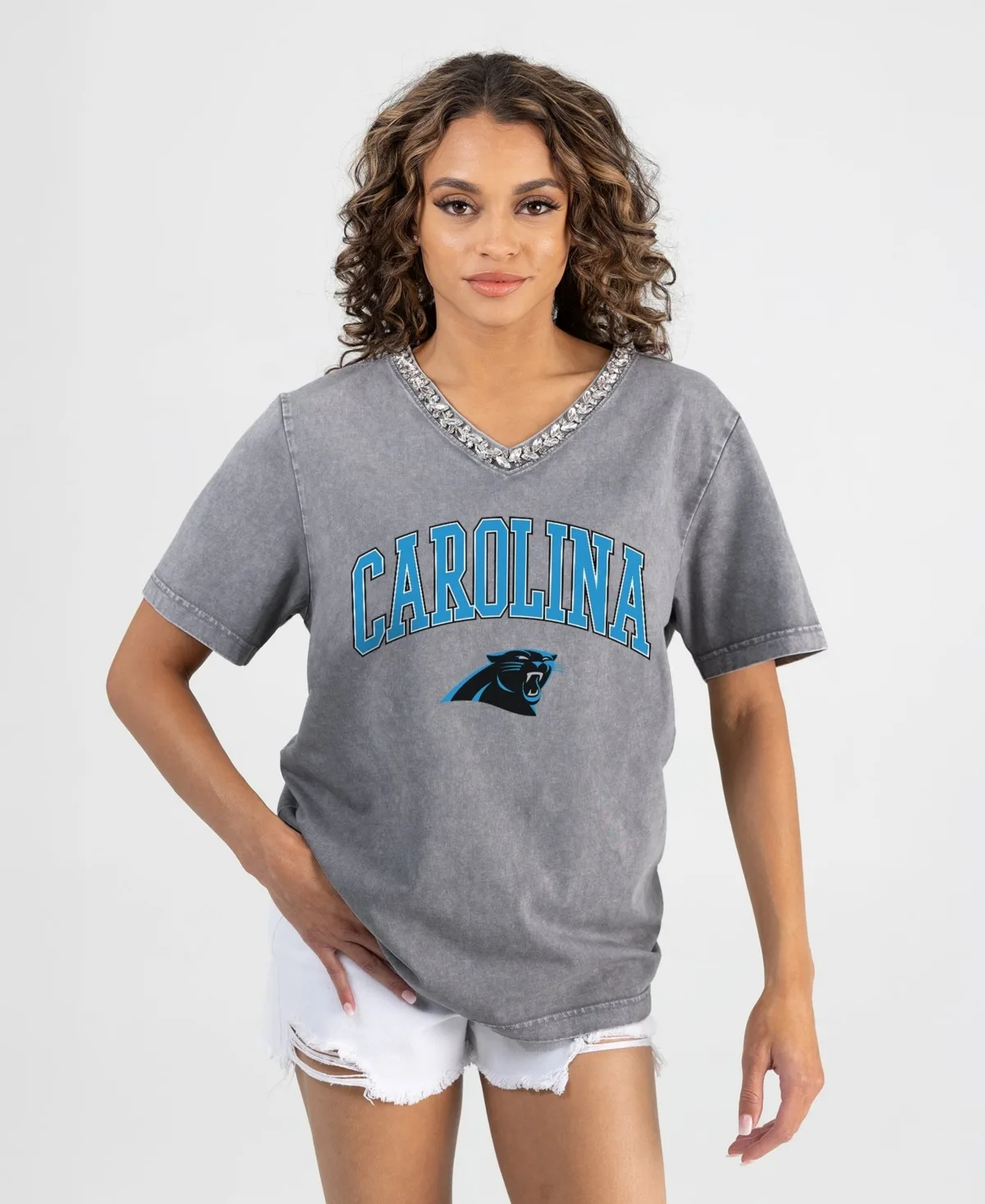 Carolina Panthers Relaxed Iconic Edge Rhinestone V-Neck T-Shirt by Gameday Couture