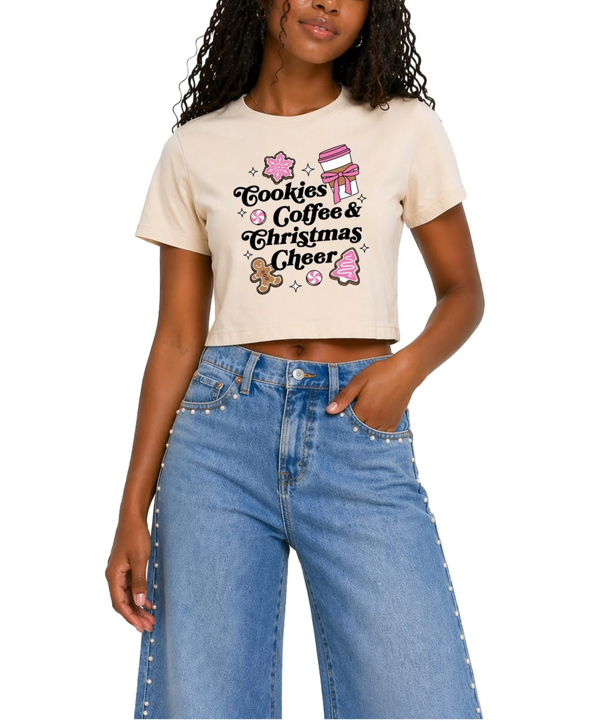 Cookies Coffee and Christmas Cheer Graphic Cropped T-Shirt by Instant Message