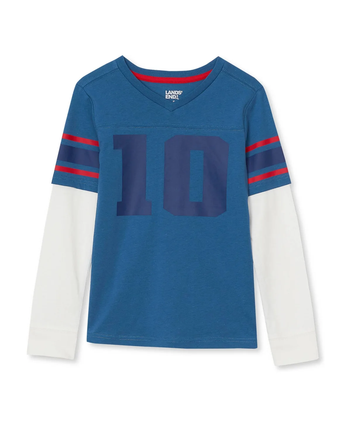 Varsity Faux Two-Fer Sleeve V-Neck Graphic Tee by Lands' End