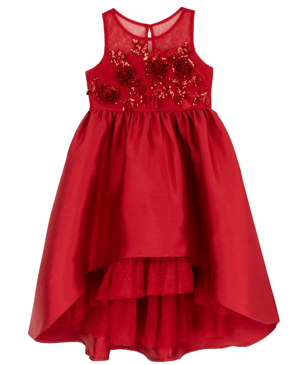 Sequin Mesh Bodice High-Low Floral-Applique Dress by Rare Editions