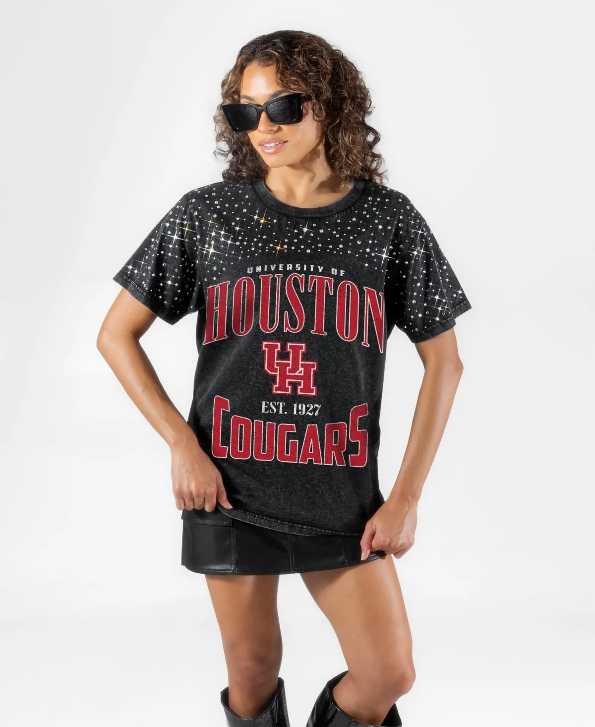 Houston Cougars in the Zone Washed Micro Rhinestone T-Shirt by Gameday Couture