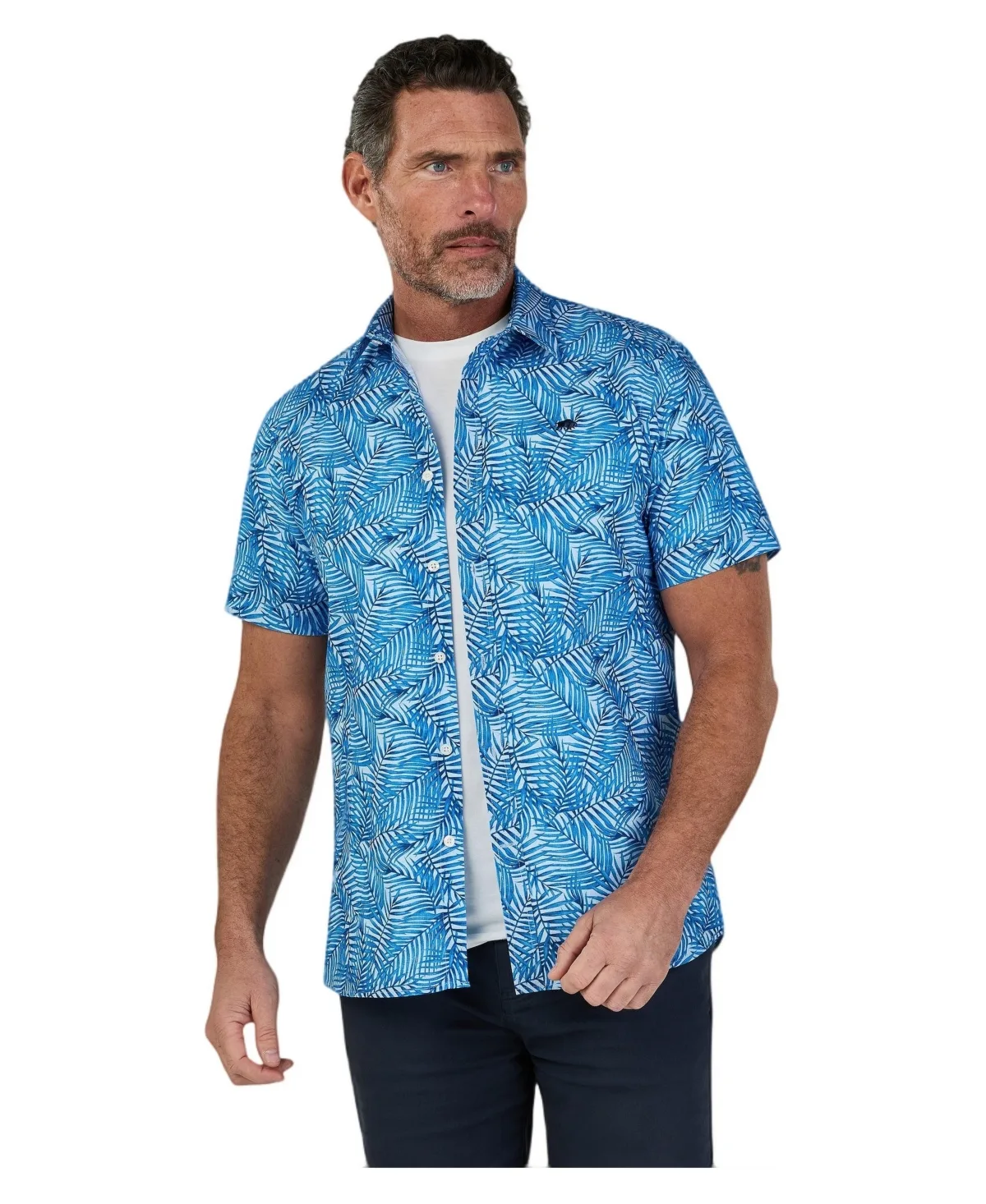 Bali Palm Short Sleeve Button-Down Linen-Blend Shirt by Raging Bull