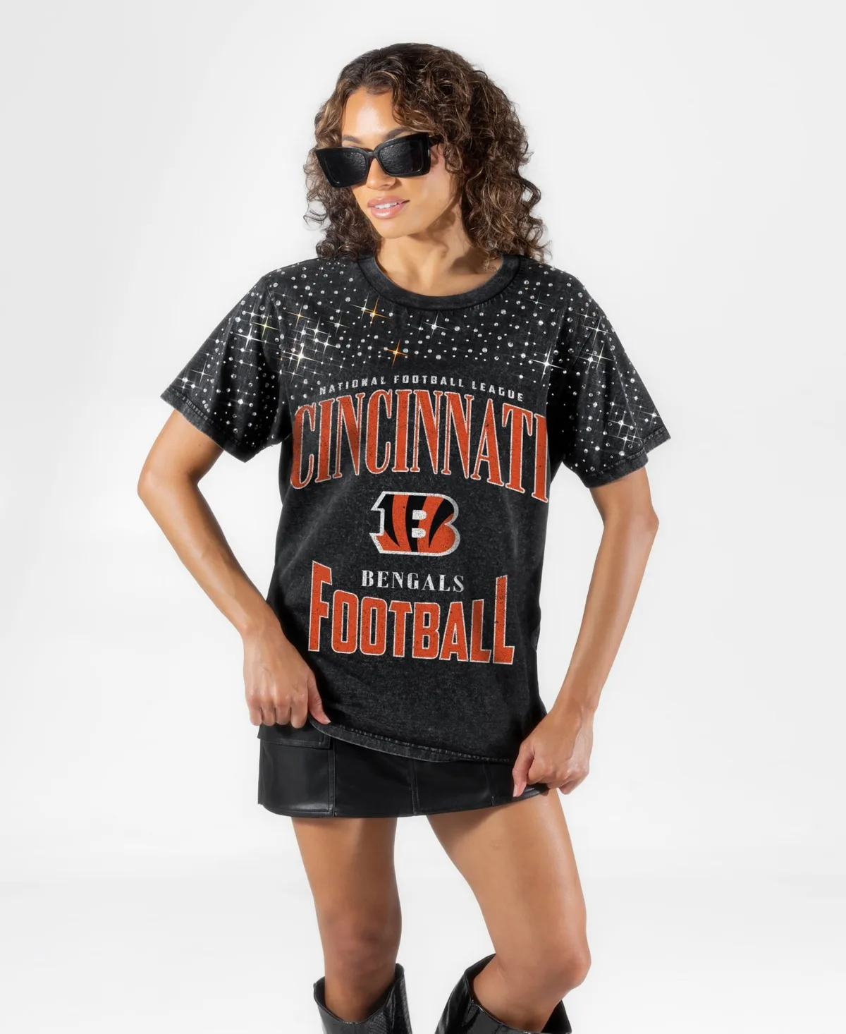 Cincinnati Bengals in the Zone Washed Micro Rhinestone T-Shirt by Gameday Couture