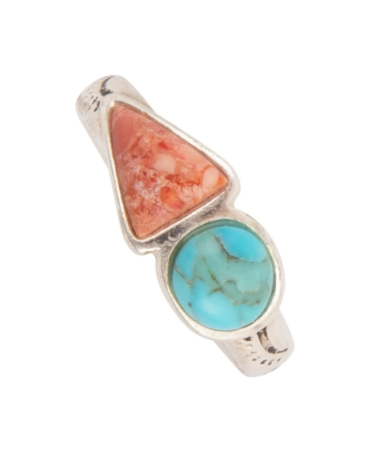 Blue Turquoise and Orange Coral Duo Silver Ring by Barse