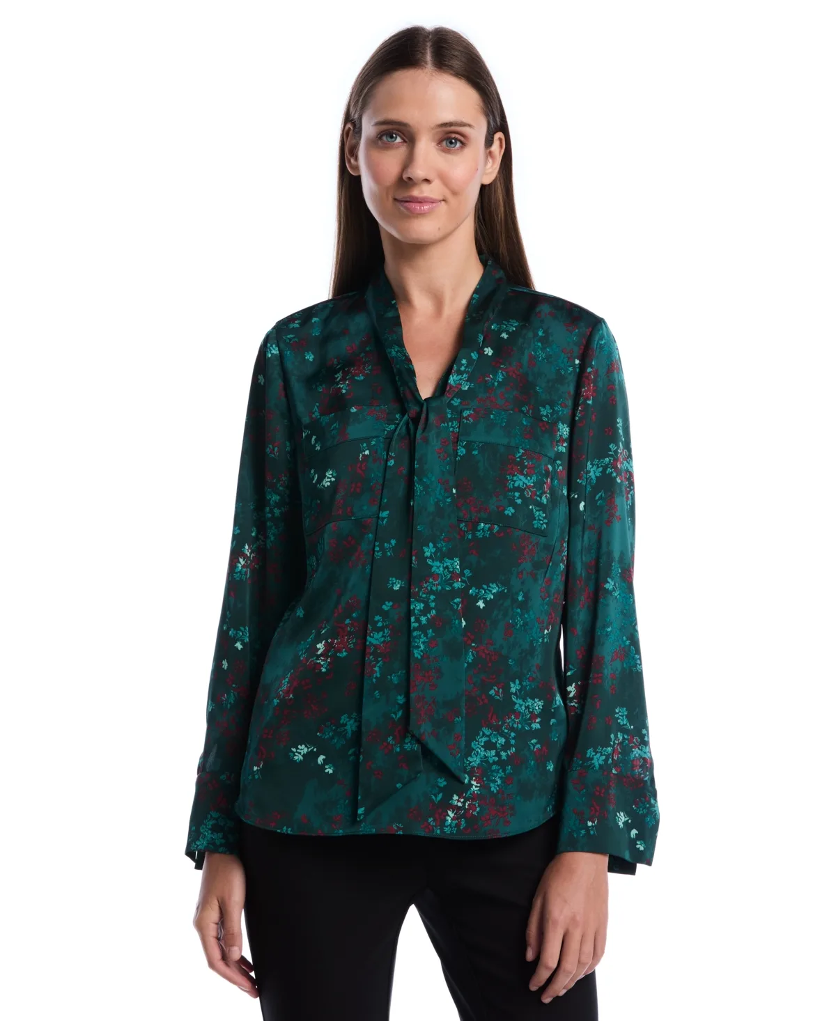 Long-Sleeve Floral-Print V-Neck Blouse