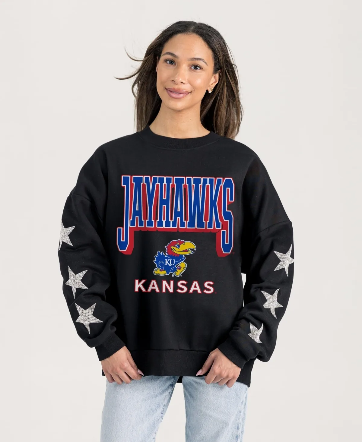 Kansas Jayhawks Pure Victory Relaxed Rhinestone Pullover Sweatshirt