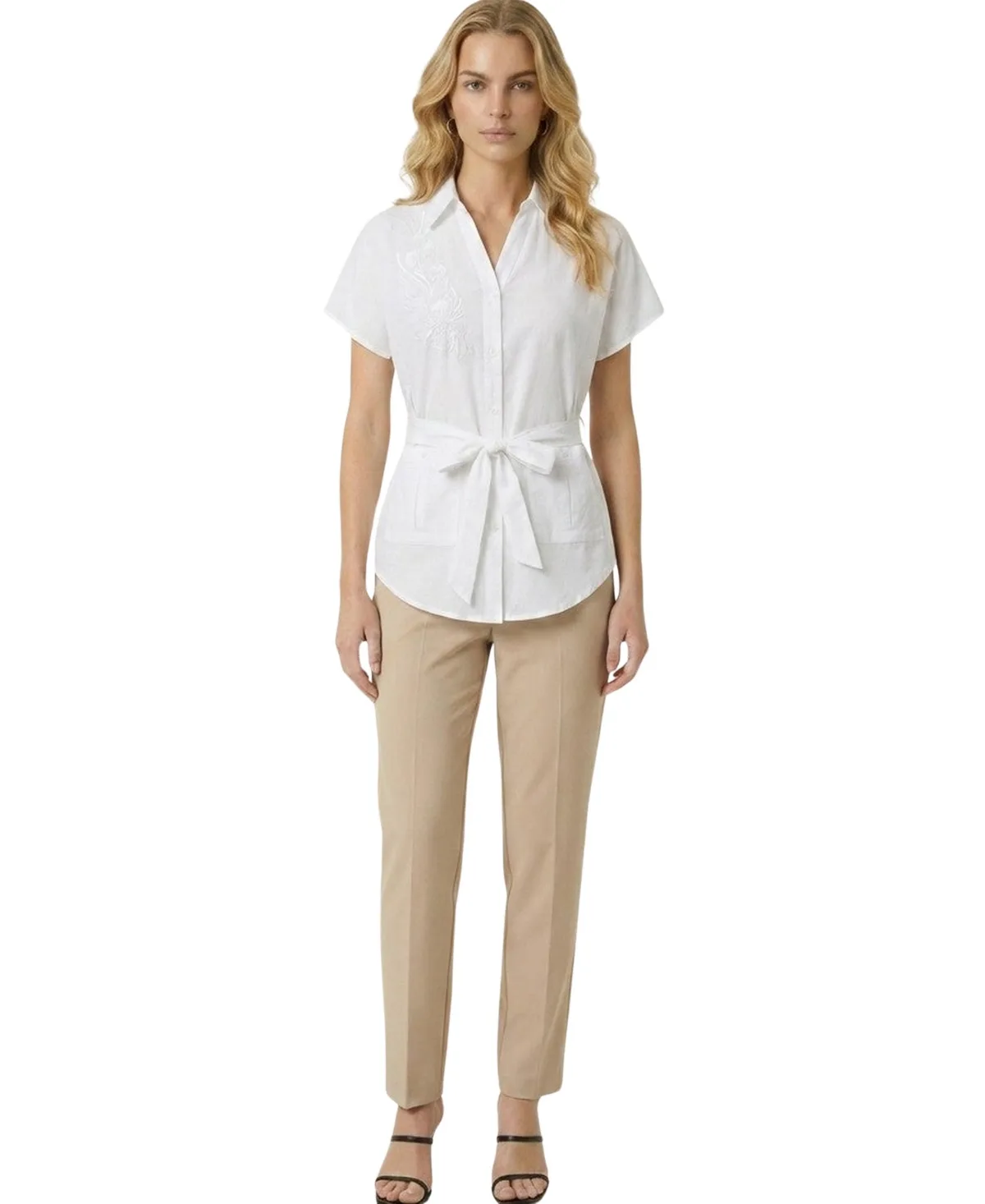 Embroidered V-Neckline Blouse by Modenaire
