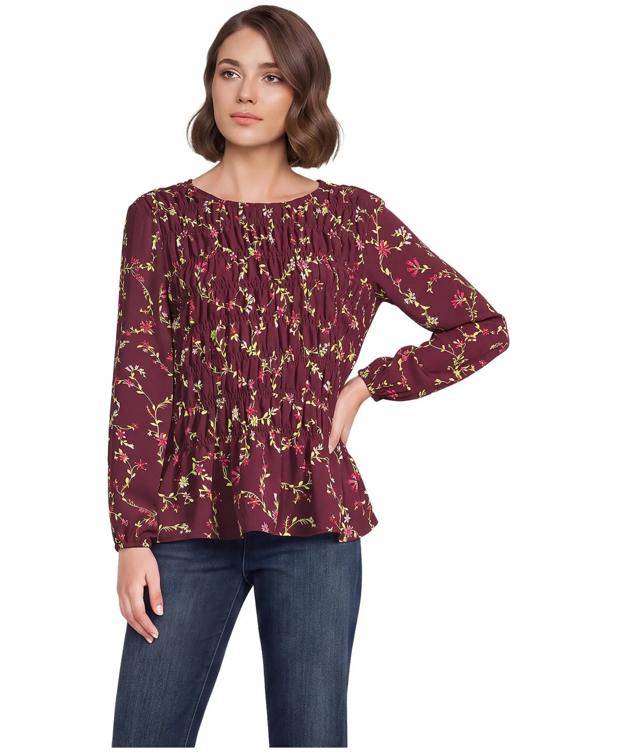 Floral-Print Smocked Peplum Top by Lands' End
